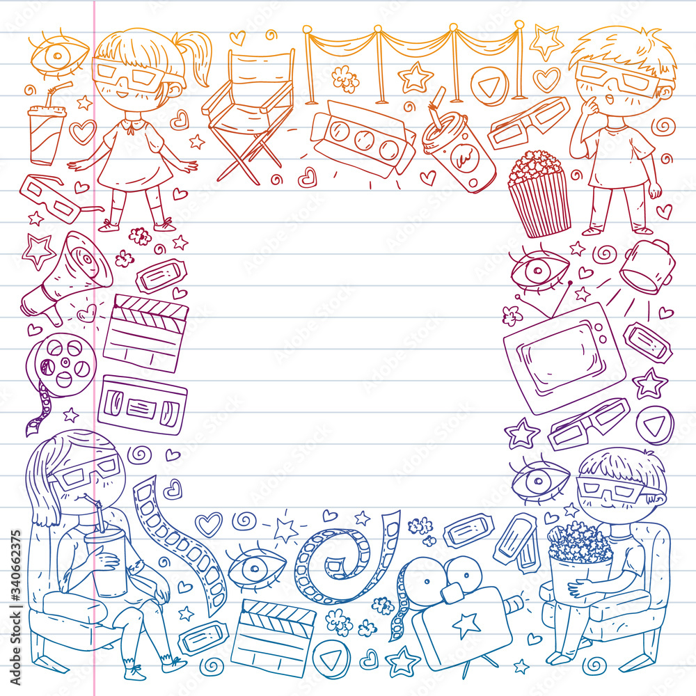 Vector pattern with cinema icons of movie theater, TV, popcorn, video clip. Kindergarten and school children watching movies. Vector pattern with cinema icons of movie theater, TV, popcorn, video clip. Kindergarten and school children watching movies.
