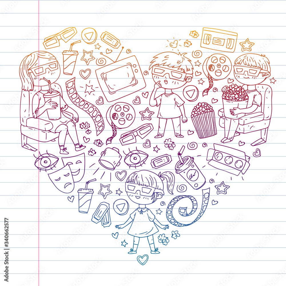 Vector pattern with cinema icons of movie theater, TV, popcorn, video clip. Kindergarten and school children watching movies. Vector pattern with cinema icons of movie theater, TV, popcorn, video clip. Kindergarten and school children watching movies.