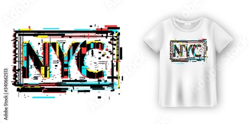 New York typography in glitch effect for t shirt. Modern print. Apparel abstract poster.