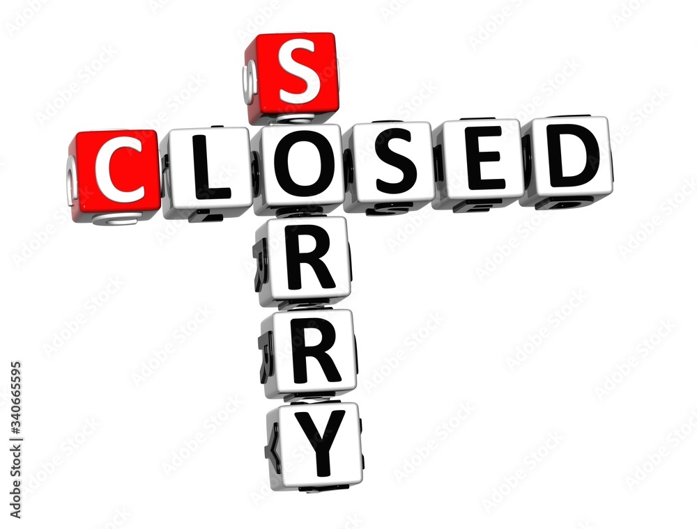 Sorry Closed. Coronavirus COVID-19. 3D red-white crossword puzzle on white background. Corona Virus Creative Words.