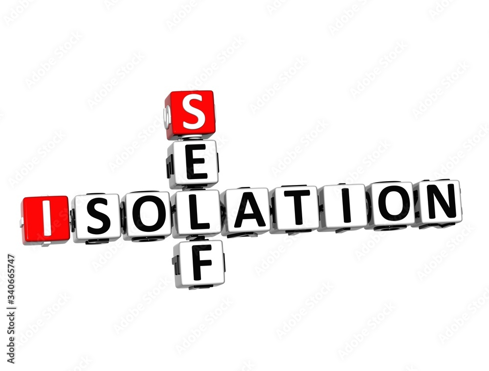 Isolation Self. Coronavirus COVID-19. 3D red-white crossword puzzle on white background. Corona Virus Creative Words.