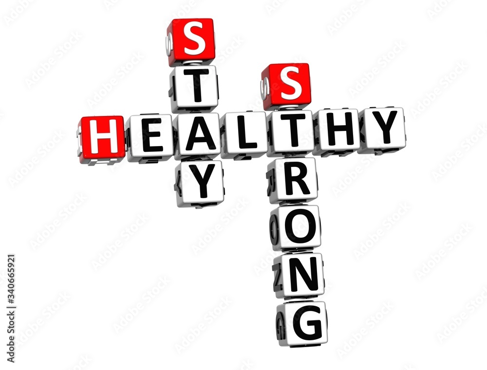 Stay Healthy. Strong. Active. Coronavirus COVID-19. 3D red-white crossword puzzle on white background. Corona Virus Creative Words. Stay Healthy. Strong. Active. Coronavirus COVID-19. 3D red-white crossword puzzle on white background. Corona Virus Creative Words.