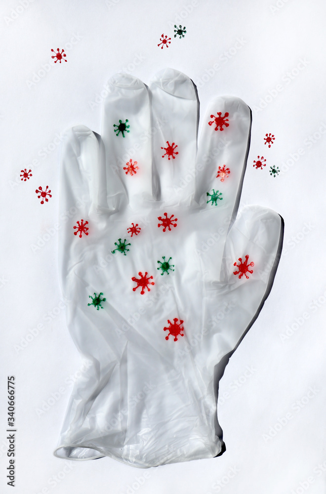White glove with a virus signs. Personal protection Coronavirus, COVID-19 infection. Medical symbol of hygiene, prevention and healthcare concept. White glove with a virus signs. Personal protection Coronavirus, COVID-19 infection. Medical symbol of hygiene, prevention and healthcare concept.