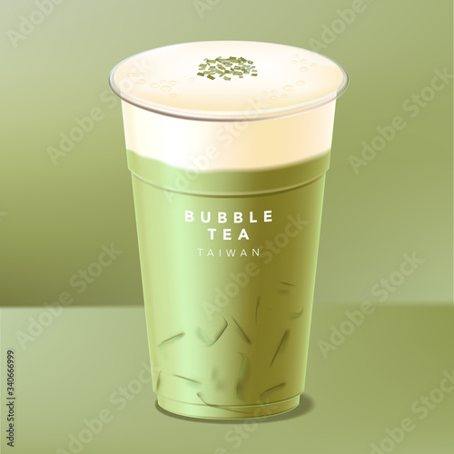 Vector Iced Taiwanese Bubble Tea, Green Tea, Matcha with Cream, Cheese or Milk Cap