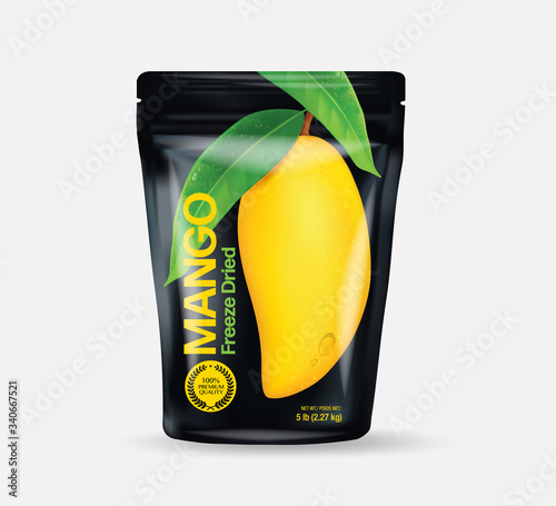 Packaging Design Mockup Fresh mango with slices and leaves Vector illustration 