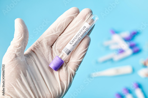 Medical tube for swab analysis of corona virus, close-up.