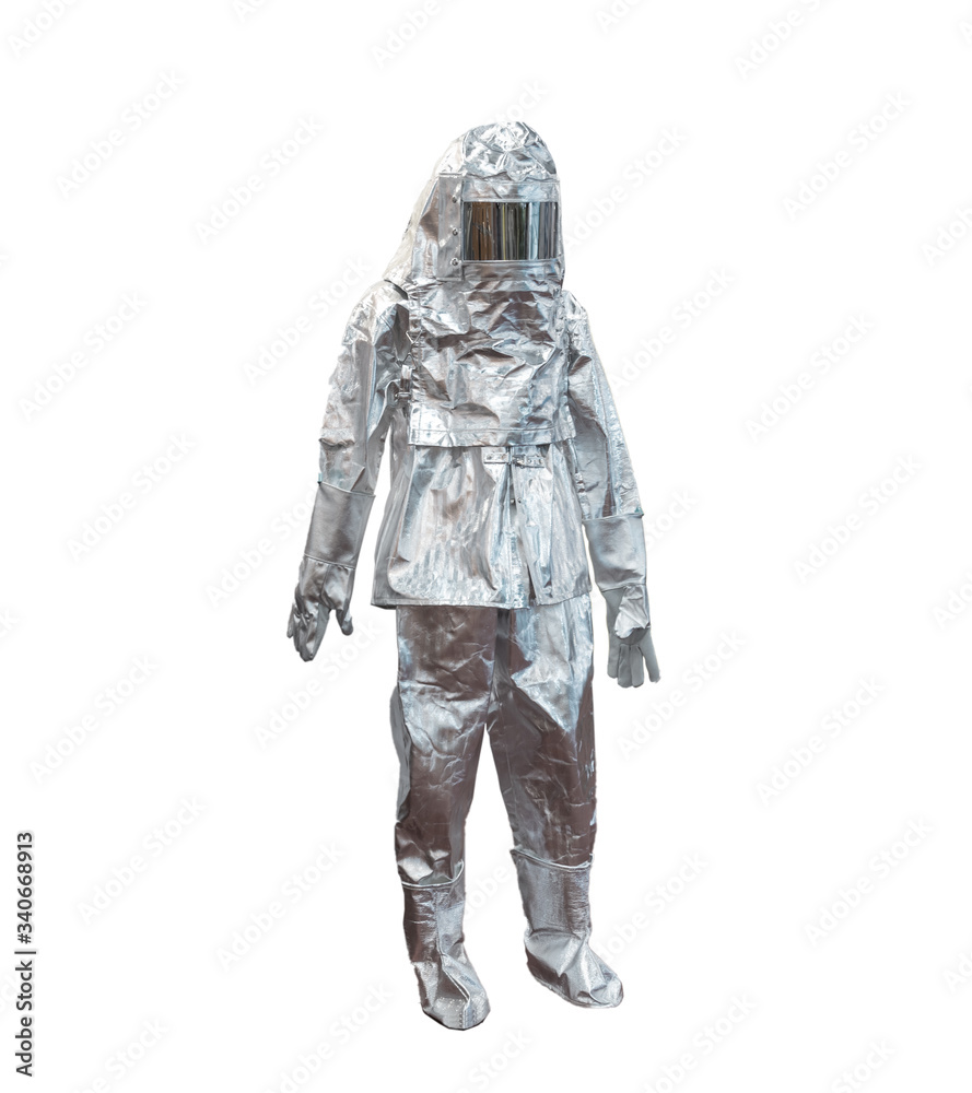 Suit color silver fire protection, protects the firefighter from high temperatures. In extreme temperature fires. Mannequin isolated on a white background...