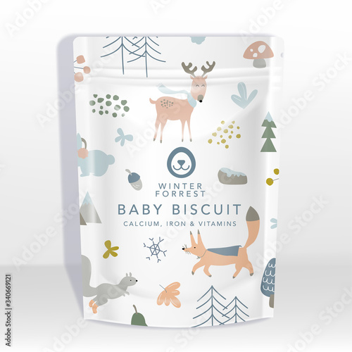 Vector White Pouch or Sachet Packaging Mockup with Animals Pattern Printed