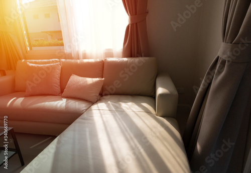 Curtain interior decoration in living room with sunlight.