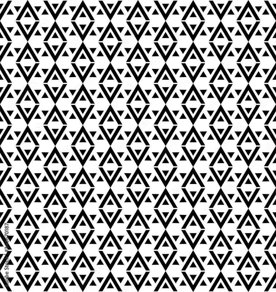 Triangle seamless pattern. Black triangles on white background. Monochrome simple black white vector illustration