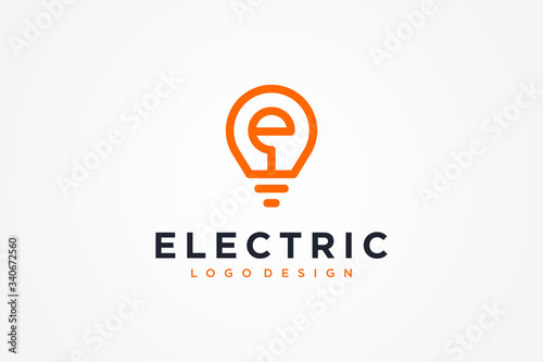 Electric Logo. Linear Light Bulb with Initial Letter E inside. Usable for Business, Electricity, Industrial and Technology Logos. Flat Vector Logo Design Template Element.