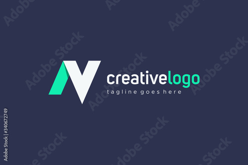 Abstract Initial Letter N and V Logo. Green and White Linked Letter Origami Style isolated on Blue Background. Flat Vector Logo Design Template Element.