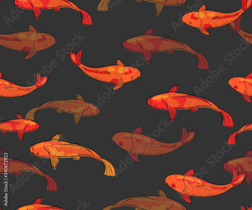 Seamless pattern with red drawn koi carps
