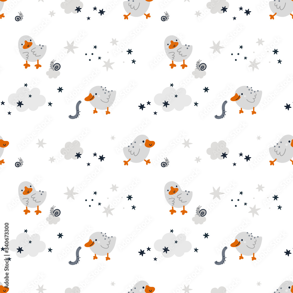 Seamless childish pattern with cute baby birds and snails. Children background with cute animals. Creative kids texture for print, textile, wallpaper, fabric, wrapping. Vector illustration Stock Vector | Adobe Stock Seamless childish pattern with cute baby birds and snails. Children background with cute animals. Creative kids texture for print, textile, wallpaper, fabric, wrapping. Vector illustration Stock Vector | Adobe Stock
