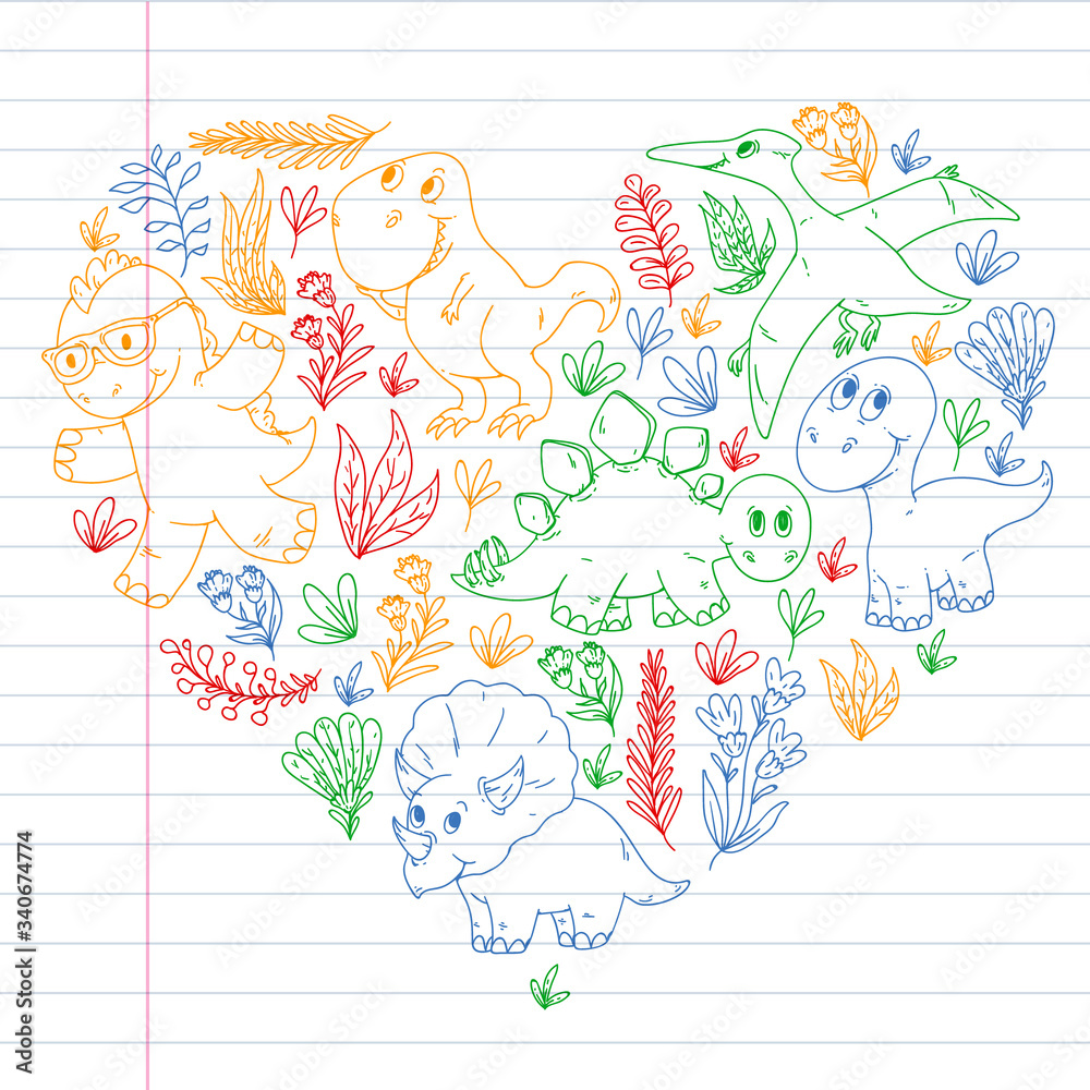 Fototapeta premium Pattern kids fabric, textile, nursery wallpaper. Vector illustration. Hand drawn dinosaurs, dino for little children.
