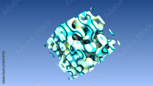 Mandelbulb cube rotation changing inside liquid paint bue black yellow white