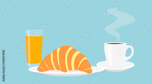 Vector Illustration Isolated of a Croissant, an Orange Juice Glass and a Cup of Coffee