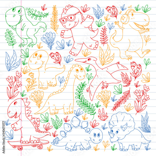 Pattern kids fabric  textile  nursery wallpaper. Vector illustration. Hand drawn dinosaurs  dino for little children.