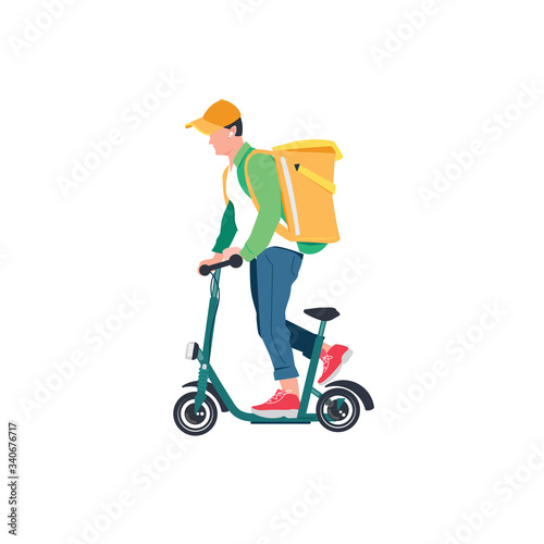 The courier delivers products to your home and office. Courier delivery. The remote ordering of food. Courier rides a scooter
