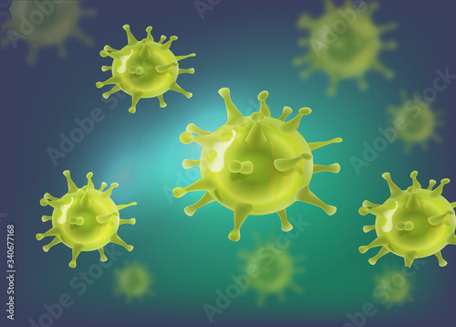 Viruses in infected organism , viral disease epidemic. Infection green micro biology cell in blue background ,Viral disease outbreak , 3d realistic medical vector illustration