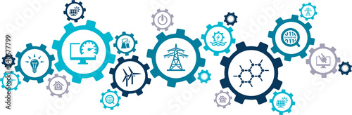 smart grid vector illustration. Concept with connected icons related to innovative energy transmission, electricity distribution or transport with supported by iot technology.