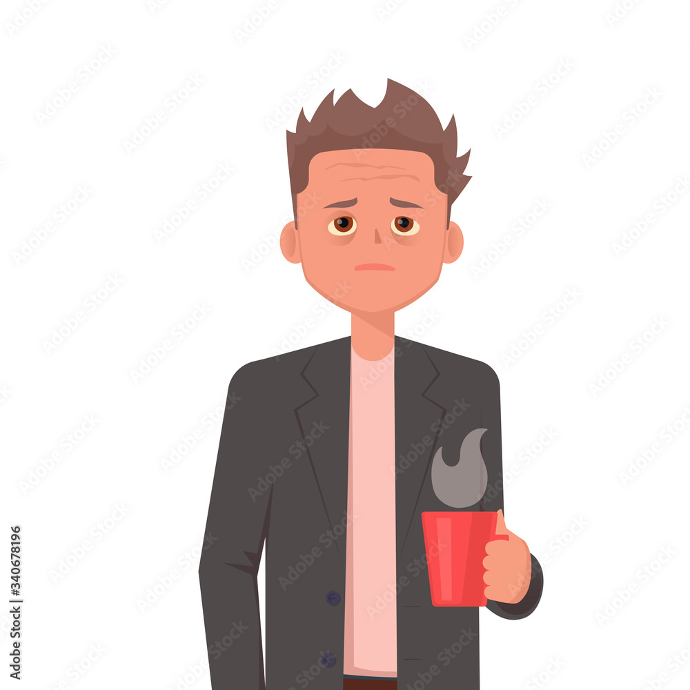 Tired or sleppy business man holding a glass of coffee. A hangover or a disease concept. Vector illustration in flat style. Tired or sleppy business man holding a glass of coffee. A hangover or a disease concept. Vector illustration in flat style.