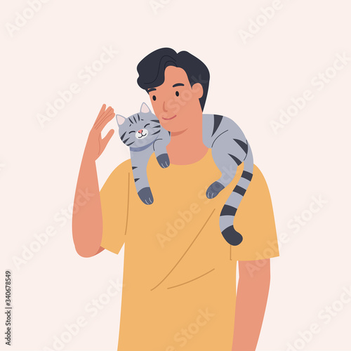 A cat climbing a man's shoulder. Portrait of happy pet owner. Vector illustration in a flat style