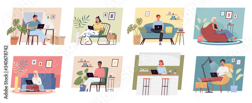 Working at home. Freelance people work in comfortable conditions set vector flat illustration. Freelancer character man and woman working on laptops at home. People at home in quarantine concept
