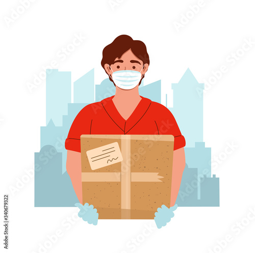 Delivery man wearing medical mask and gloves with box during the prevention of coronovirus. Courier with the package. Safety home and quarantine concept. Vector illustration in flat style.