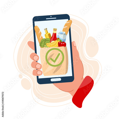 Hand holds a phone with a successful order of food. Concept for online ordering of products. Safety home and quarantine concept. Vector illustration in flat style.