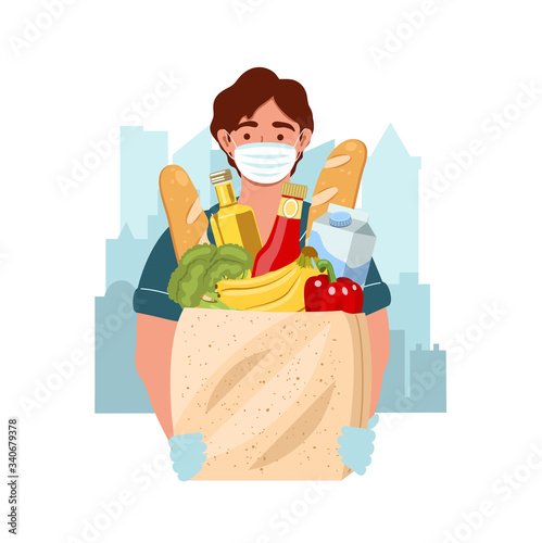 Delivery man wearing medical mask and gloves with a product package during the prevention of coronovirus. Courier delivers food. Safety home and quarantine concept. Vector flat illustration.