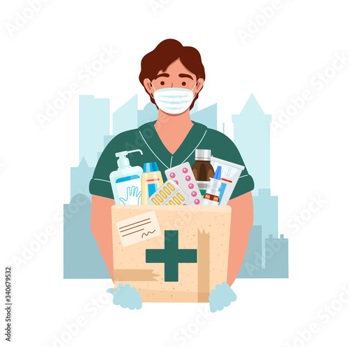 Courier wearing medical mask and gloves with medical purchases during the prevention of coronovirus. Delivery man on the city background. Safety home and quarantine concept. Vector flat illustration.
