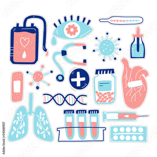 Set of medical design elements. Isolated on white, for stickers, pins, badges, fashion embroidery, temporary tattoos. Hand-drawn illustration.
