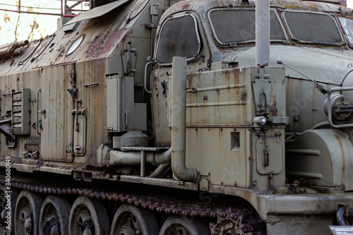rusty Russian military vehicle in a museum outdoors