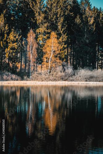Perfect reflections of tress in a calm and peaceful mountain lake with colorful evening sunset light. Relax at the water in th emountain forest. Harz Mountain National Park in Germany photo
