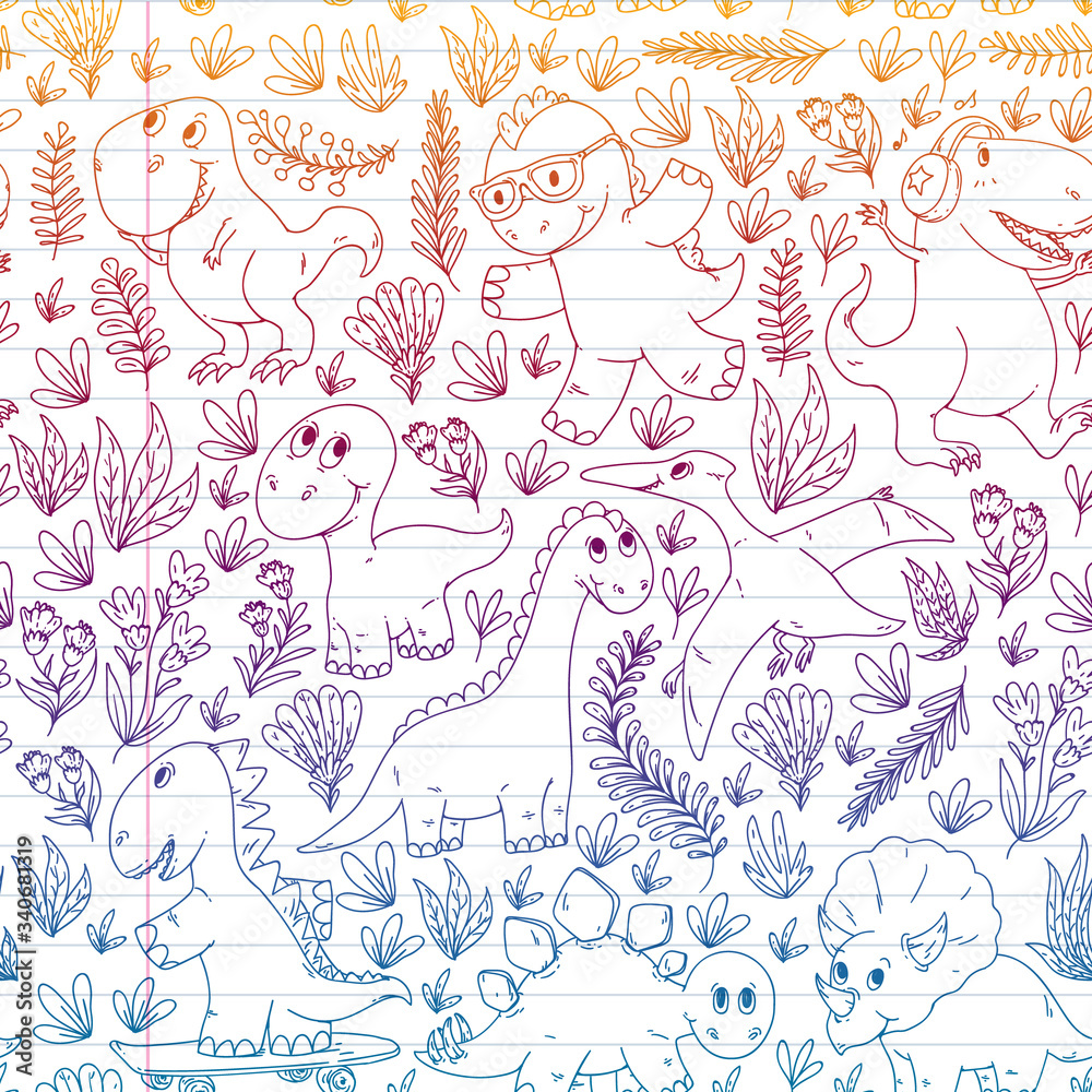 Fototapeta premium Pattern kids fabric, textile, nursery wallpaper. Vector illustration. Hand drawn dinosaurs, dino for little children.