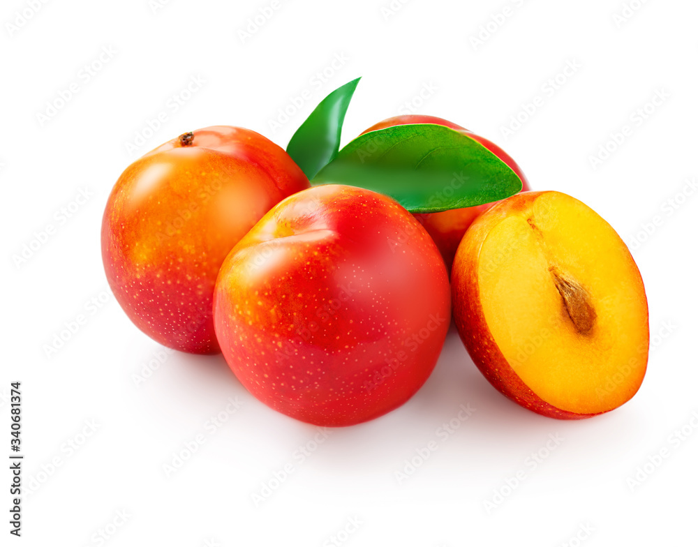 Fresh ripe whole and cut Plums with leaves isolated on white background. Fresh ripe whole and cut Plums with leaves isolated on white background.