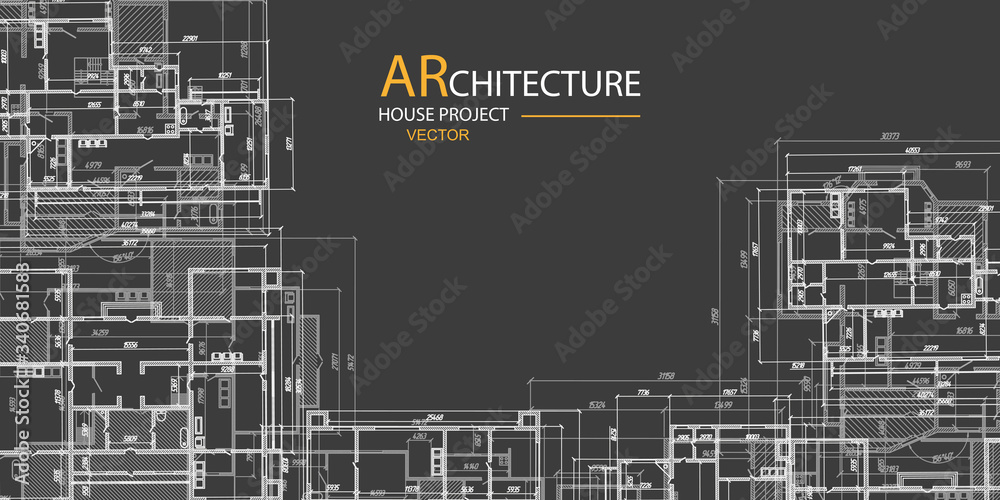 Project Background Drawing Architectural project on a black background .Construction of houses ...