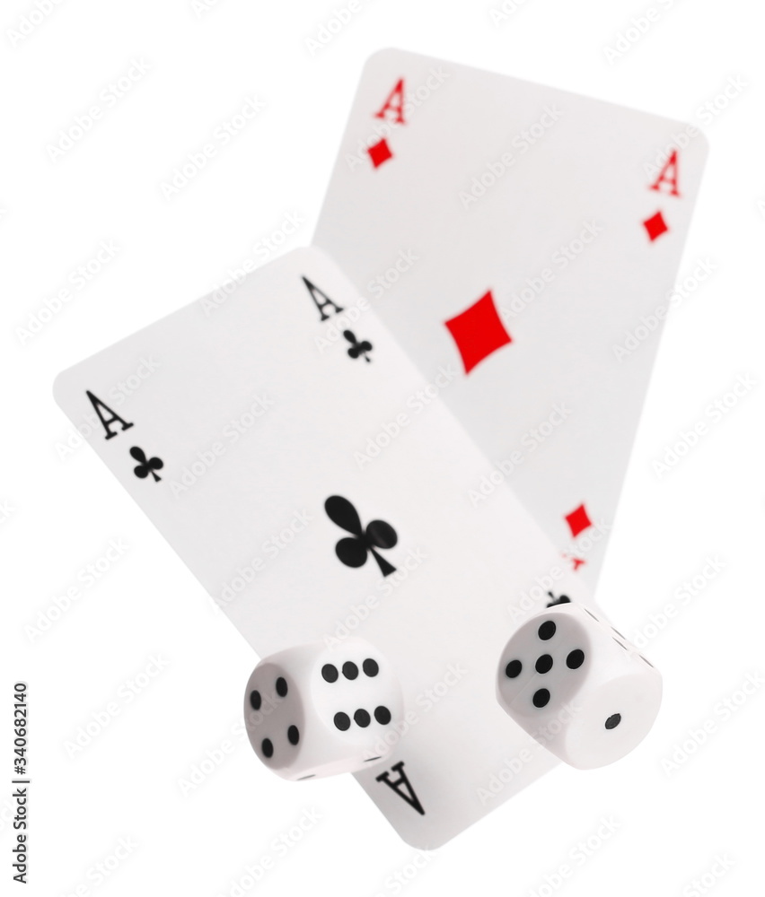 Ace of spades, clubs playing cards and dice for poker, gambling and casinos, isolated on white background with clipping path Ace of spades, clubs playing cards and dice for poker, gambling and casinos, isolated on white background with clipping path