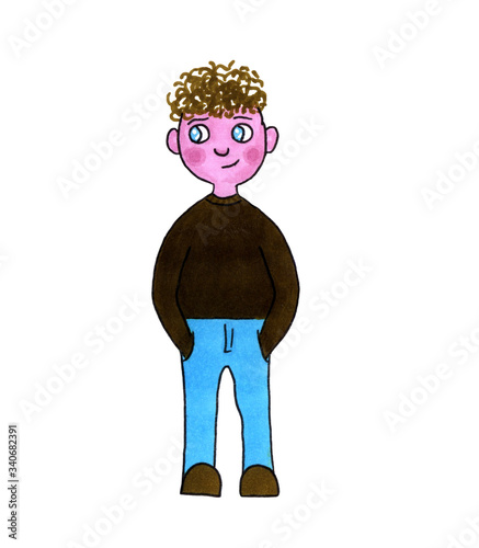 Curly apple-checked boy drawn by hand 