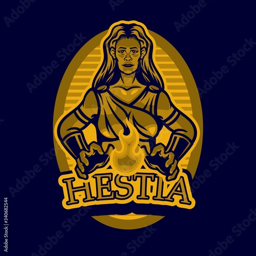 Mythology cartoon of famous ancient greece gods and goddess. Greek goddess Hestia. Ancient Greek deity. Virgin goddess of hearth, family, home. Mythology. Divine mythological figure
