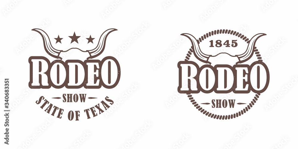 Set of color illustrations of a buffalo skull, stars, text and lasso on a white background. Vector illustration on the theme of the wild west of America. Rodeo show.