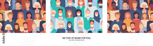 Vector set of seamless patterns. Modern society, medical staff. Endless texture, print, wallpaper, background. Thank you doctors, nurses. Motivation. We stay at work for you. Stay at home. Stay safe