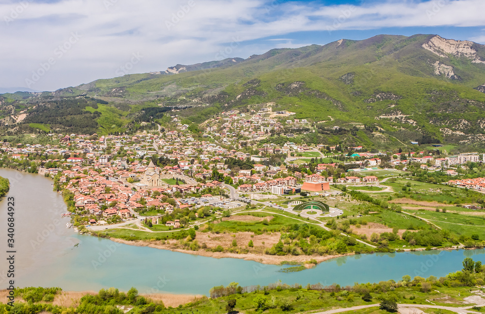 View of Unesco heritage site town in Mtskheta with Samtavro Monastery. Historic city of Georgia.