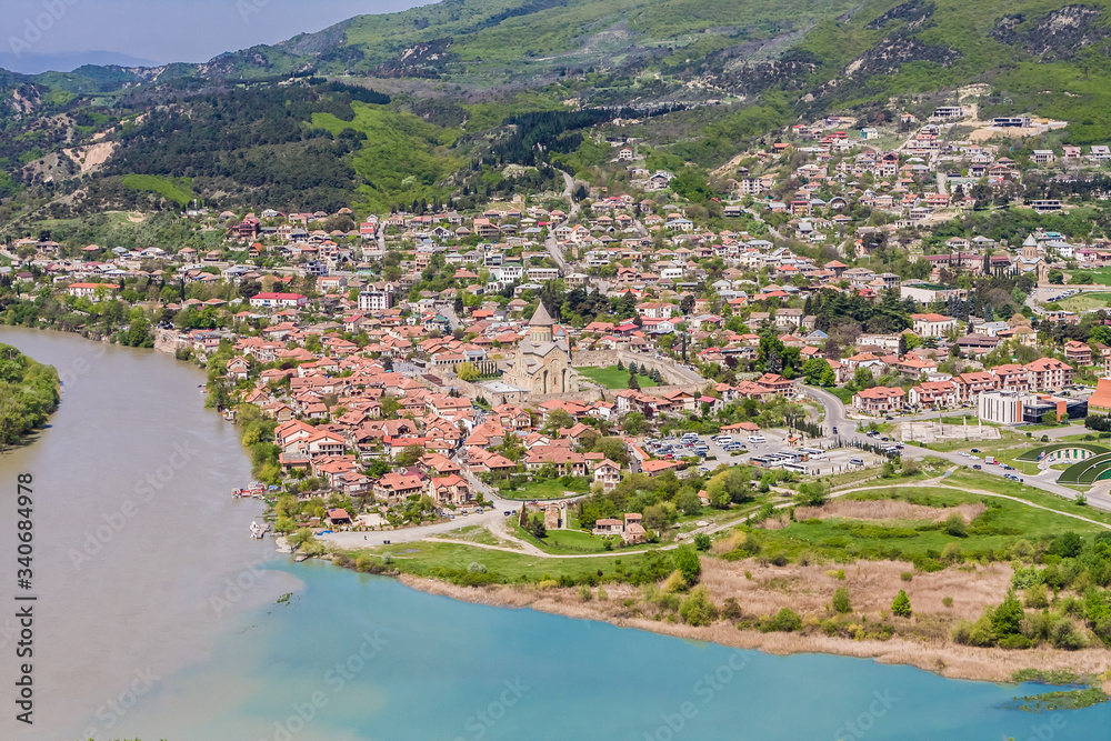 View of Unesco heritage site town in Mtskheta with Samtavro Monastery. Historic city of Georgia.