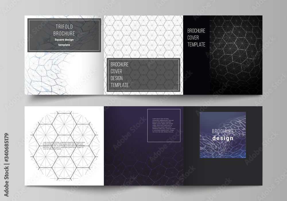 Vector layout of square format covers design templates for trifold brochure. Digital technology and big data concept with hexagons, connecting dots and lines, polygonal science medical background. Vector layout of square format covers design templates for trifold brochure. Digital technology and big data concept with hexagons, connecting dots and lines, polygonal science medical background.