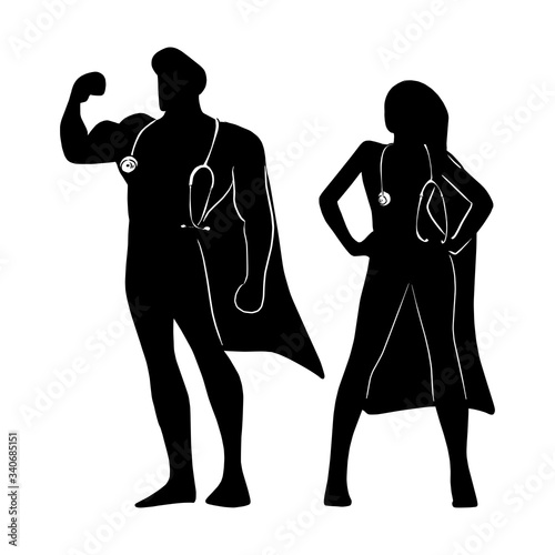 silhouette male and female superhero with stratoscope on their neck to fight against Covid-19 virus vector illustration sketch doodle hand drawn isolated on white background photo