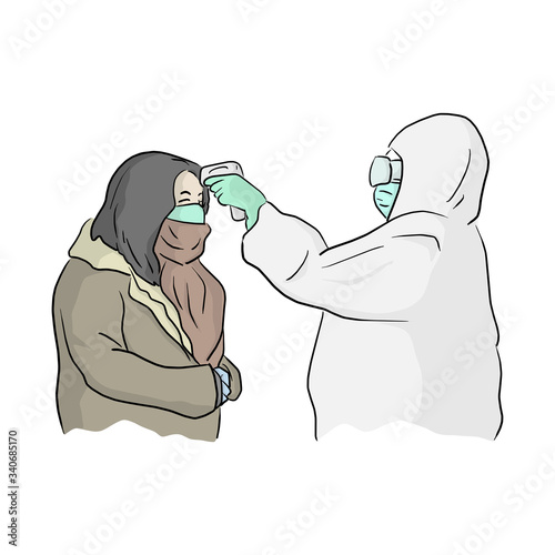 Medical worker in PPE suit scanning woman with infrared thermometer vector illustration sketch doodle hand drawn isolated on white background