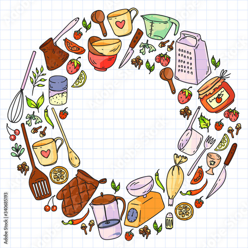Cooking class. Kitchenware, utencils. Food and kitchen icons.