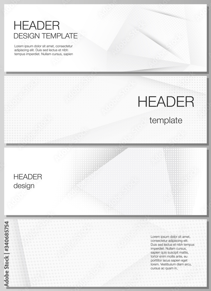 Vector layout of headers, banner design template for website footer design, horizontal flyer design, website header backgrounds. Halftone dotted background with gray dots, abstract gradient background Vector layout of headers, banner design template for website footer design, horizontal flyer design, website header backgrounds. Halftone dotted background with gray dots, abstract gradient background